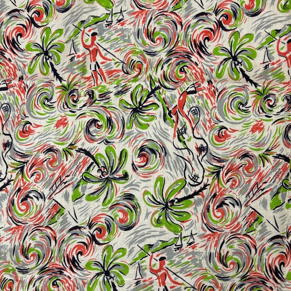 Vintage 40s 50s‎ Novelty Print Fabric Tropical Island Palm Tree Tiki 31x28